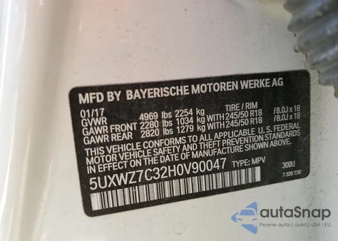 2017 BMW X3 Sdrive28I z USA, uszkodzony, nr VIN 5UXWZ7C32H0V90047